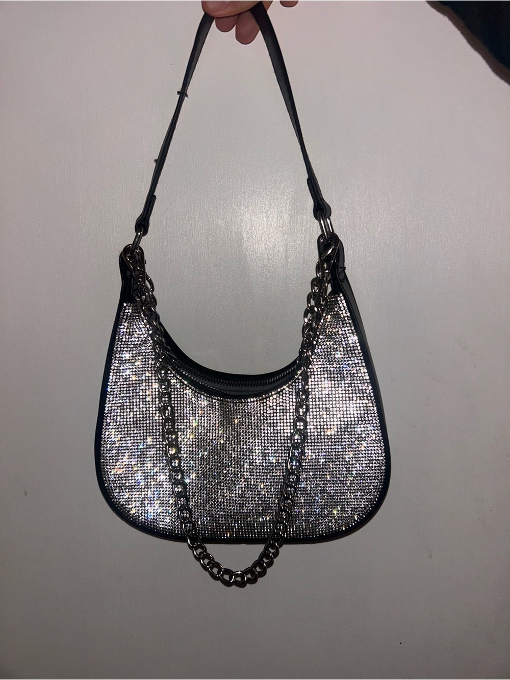 Black & Silver Crystal Chain-Accent Shoulder Bag